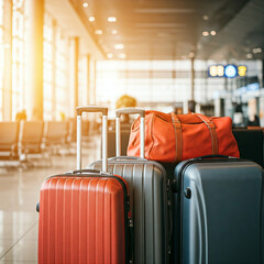 Wall Mural - suitcases on the airport. In bustling airport waiting area on a sunny summer morning vibrant array of travel luggage bags.