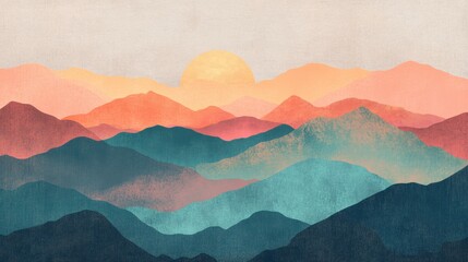 Leinwandbilder - Colorful retro risograph landscape showcasing layered mountains at sunset with warm hues. Generative AI