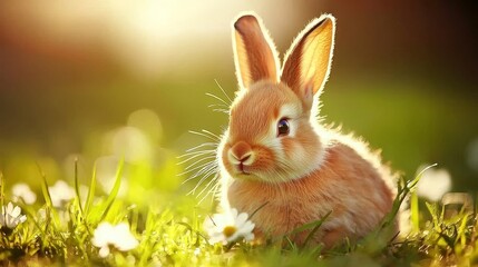 Wall Mural - Curious brown bunny sitting in a blooming spring meadow surrounded by wildflowers