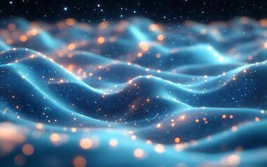 Abstract blue and orange glowing wave particles.