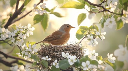 Wall Mural - Small bird perched on a nest among blooming branches in soft golden spring sunlight