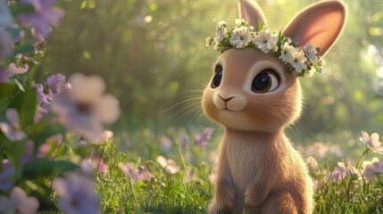 Wall Mural - Adorable bunny wearing a flower crown sitting in a blooming spring meadow