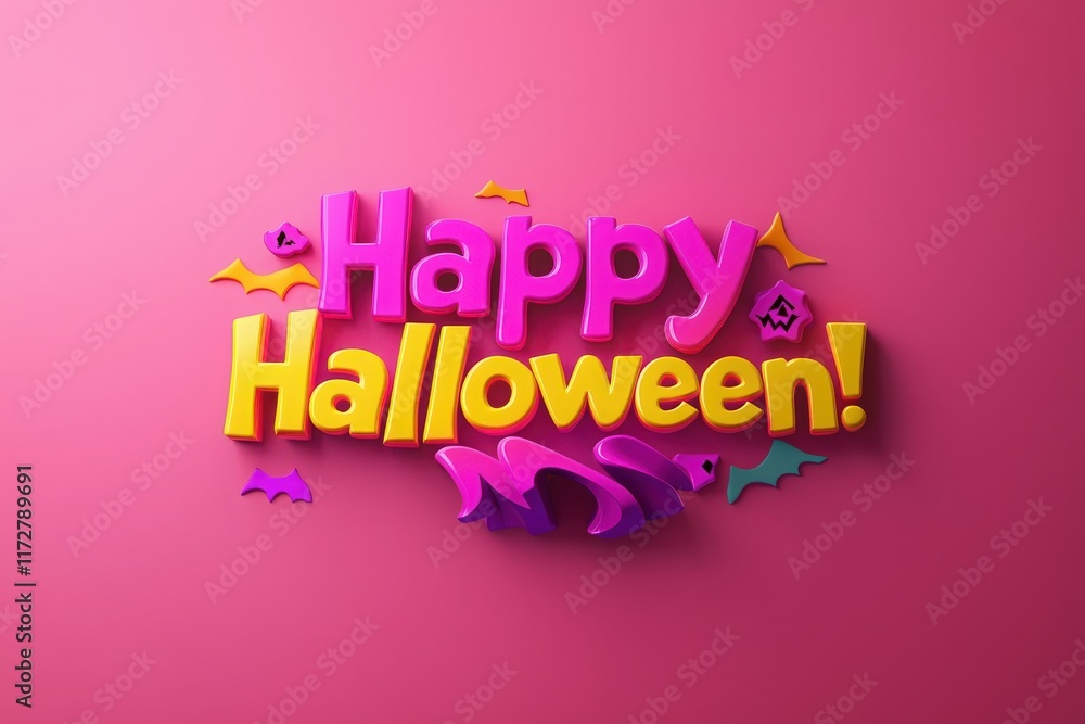 Festive decoration displays the cheerful message Happy Halloween in vibrant colors, surrounded by playful bats and other spooky icons, set against a bright pink backdrop.