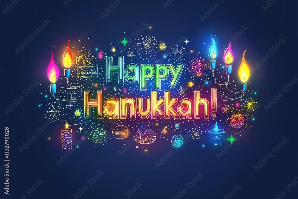 Bright colors illuminate the message celebrating Hanukkah, surrounded by traditional symbols like candles, menorahs, and dreidels. The design captures the joy of the festival with festive elements.