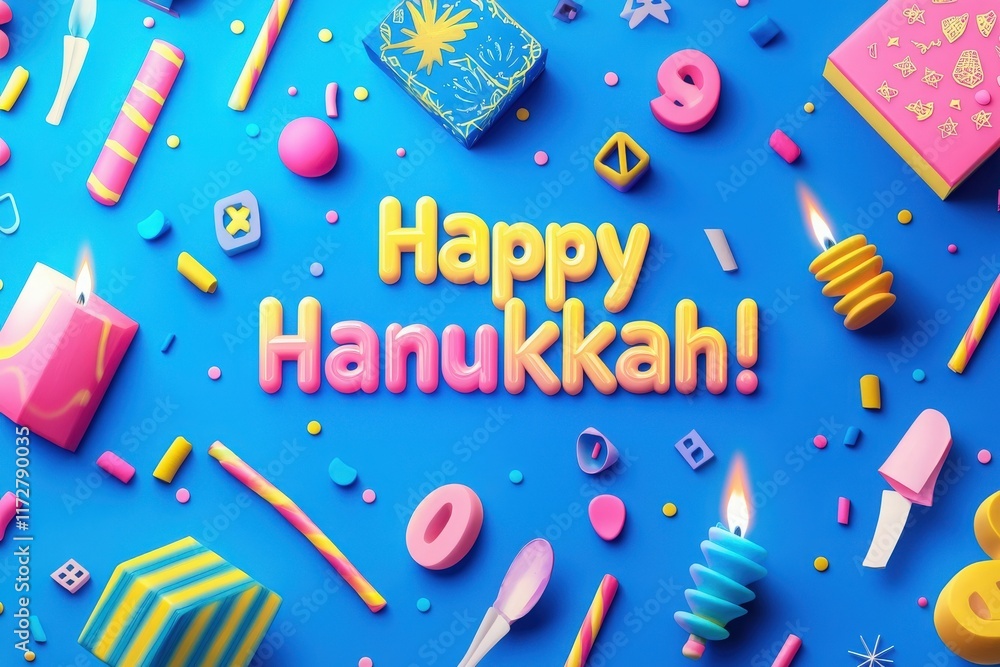 Colorful elements for Hanukkah create a joyful atmosphere, featuring candles, dreidels, and festive shapes against a bright blue backdrop, celebrating a cherished holiday.