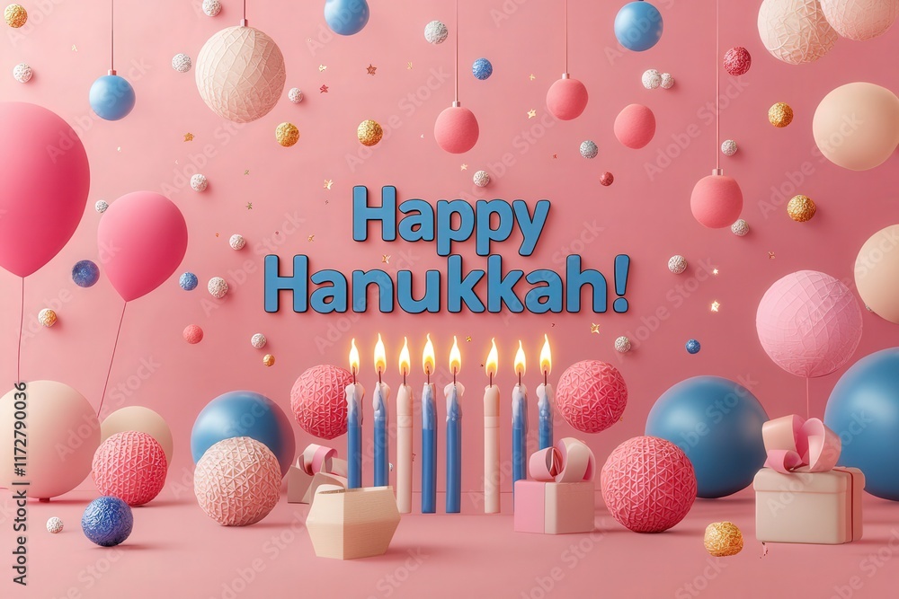 Festive decorations fill the scene with colorful balloons, textured orbs, and brightly lit candles. The cheerful message conveys celebration, setting a vibrant mood for Hanukkah festivities.