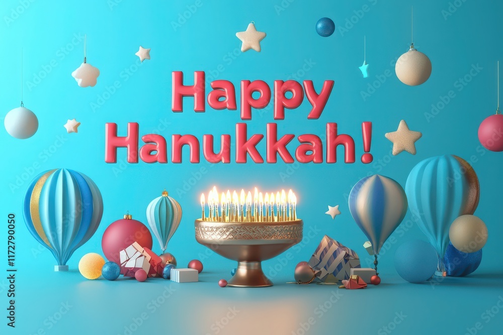 Colorful decorations symbolize the Hanukkah holiday, with a beautifully lit menorah at the center. Balloons and gifts enhance the joyful atmosphere, celebrating the festive occasion.