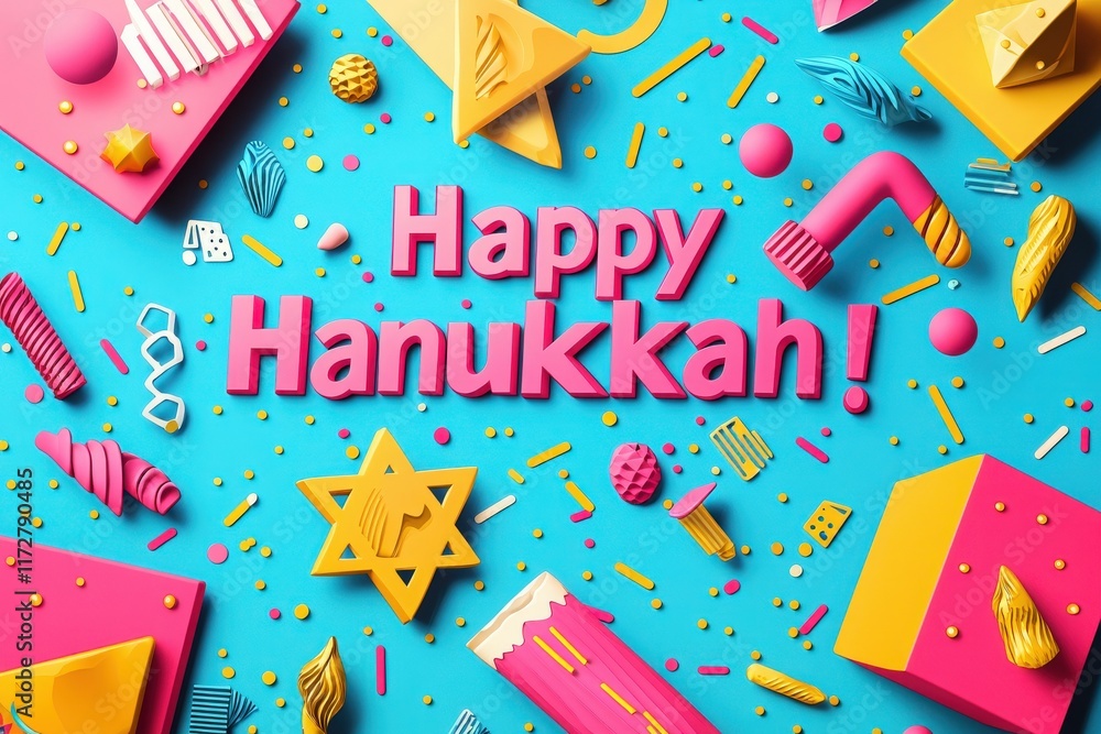 Festive elements in bright pink, yellow, and blue create a joyful atmosphere for Hanukkah. Elements include traditional symbols, sweets, and playful decorations arranged artfully.