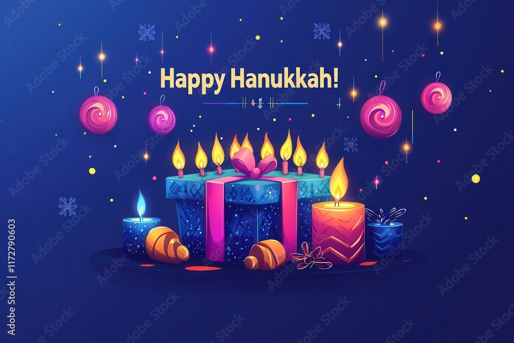Vibrant decorations showcasing a Hanukkah celebration with a beautifully wrapped gift, glowing candles, and colorful ornaments. The background features a deep blue color accentuated by festive lights.
