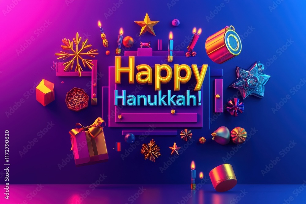 Bright and colorful decorations celebrate Hanukkah, featuring menorahs, stars, gifts, and festive elements in a lively design. The background is filled with vibrant hues to enhance the celebration.