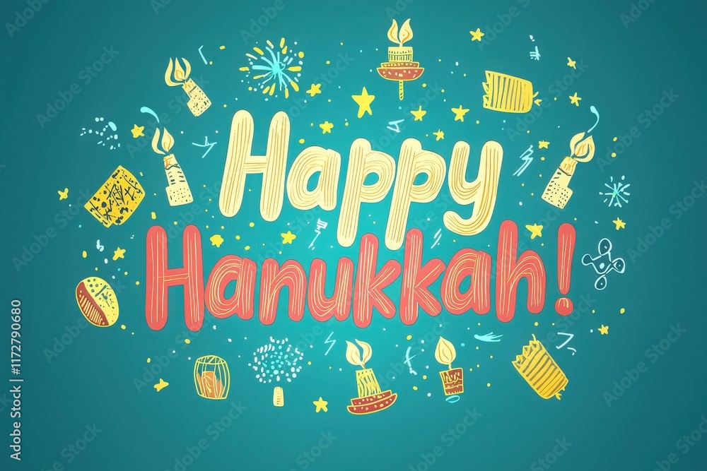 Festive decorations showcase vibrant colors and symbols of Hanukkah, including candles and stars, celebrating the joy and traditions of the festival.