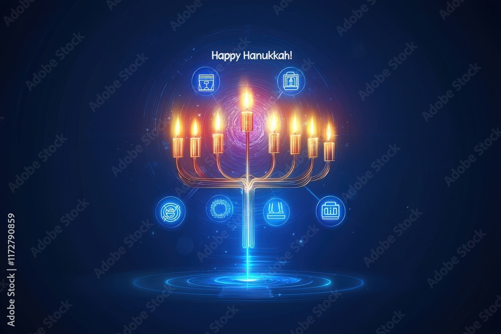 A vibrant digital menorah with illuminated candles stands at the center, surrounded by festive icons symbolizing Hanukkah traditions. Bright colors and festive imagery create a joyful atmosphere.