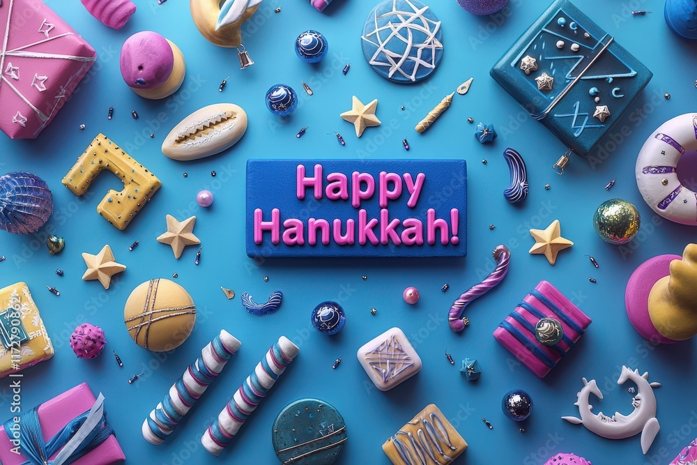 Festive decorations and delightful treats surround a cheerful Happy Hanukkah sign. The vibrant blue background enhances the joyful atmosphere of the holiday celebration.