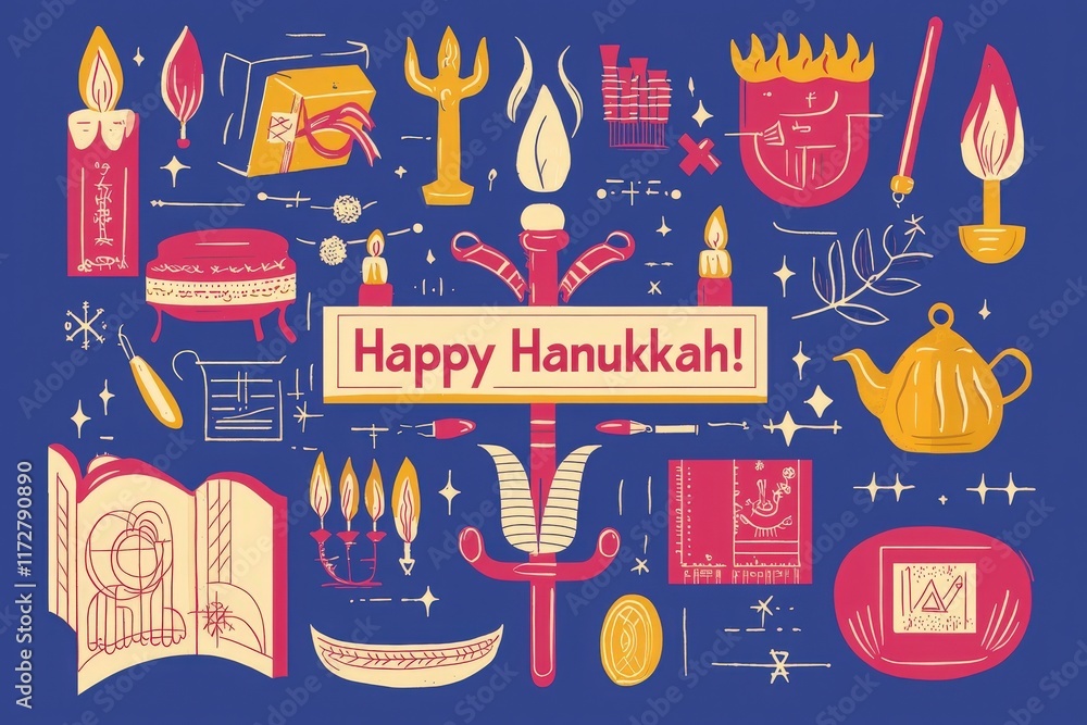 Festive decorations celebrating Hanukkah feature menorahs, candles, dreidels, and other symbols associated with the holiday. The bright color palette enhances the joyful atmosphere.