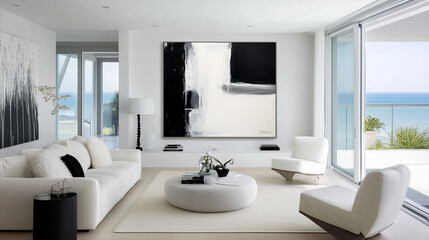 single bold focal point, such as a large abstract painting or a unique piece of furniture, anchoring the design. The space balances contrasting styles with clean lines, neutral tones