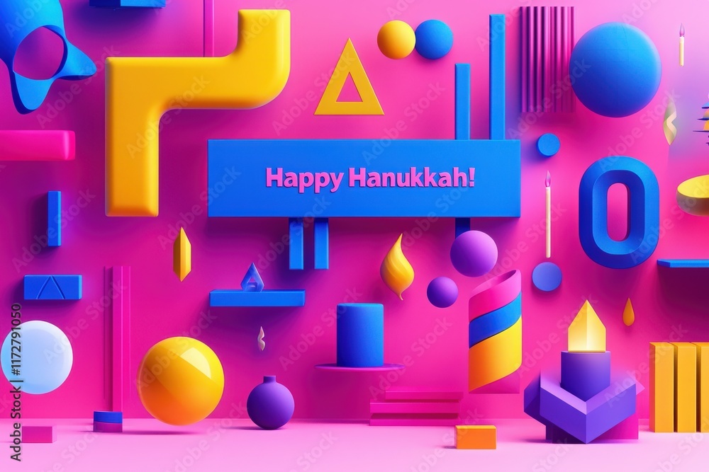 Bright colors and geometric shapes create a vibrant backdrop for Hanukkah festivities. Various symbols and candles represent the joy and spirit of the holiday season.
