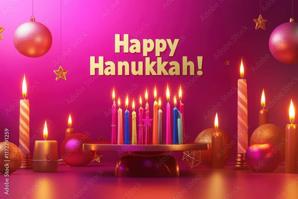Colorful candles shine brightly alongside festive ornaments, creating a warm atmosphere for Hanukkah celebration. A joyful message enhances the enchanting holiday spirit.