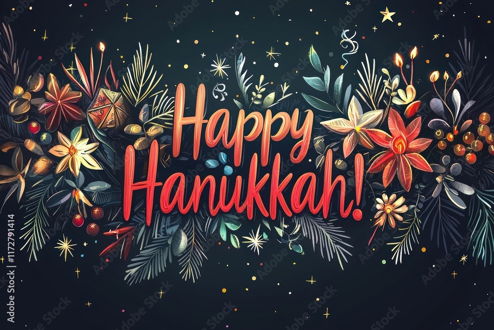 Colorful floral and starry decorations accompany the heartfelt message of Happy Hanukkah, capturing the joy of the holiday season. Perfect for celebrating with family and friends.