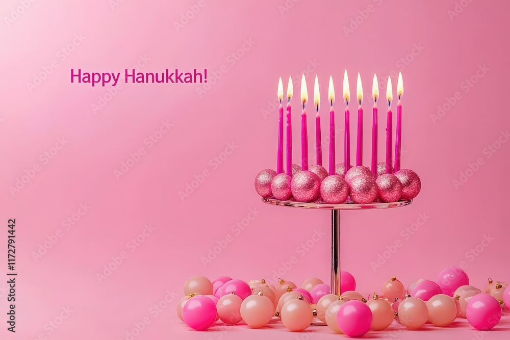 A menorah with pink candles is adorned with sparkling ornaments, creating a joyful and vibrant setting for Hanukkah celebrations. Pink balloons surround the display, enhancing the festive mood.