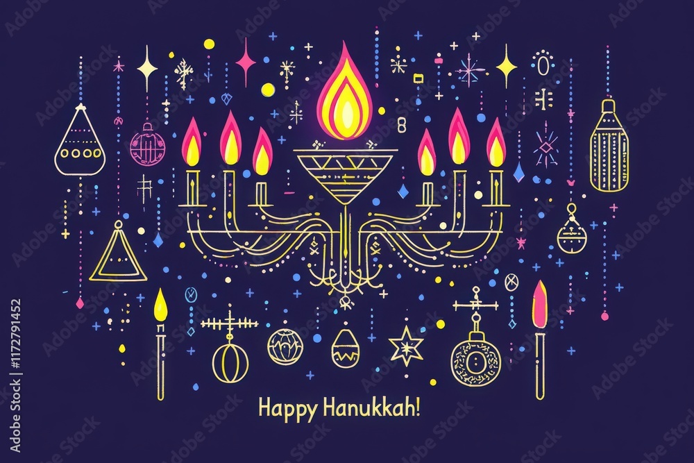 A beautifully designed menorah with lit candles and vibrant decorations marks the celebration of Hanukkah. Bright colors and festive symbols create a joyful atmosphere during the holiday.