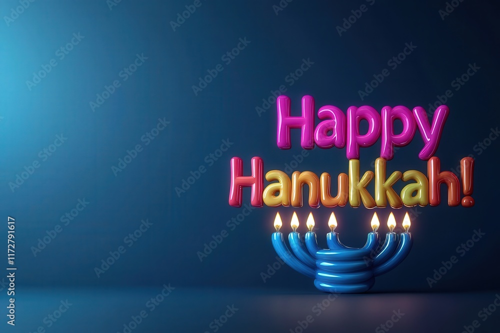 A vibrant display features a colorful sign reading Happy Hanukkah alongside a menorah with glowing candles. The setting is dark, enhancing the festive mood of the Jewish holiday.