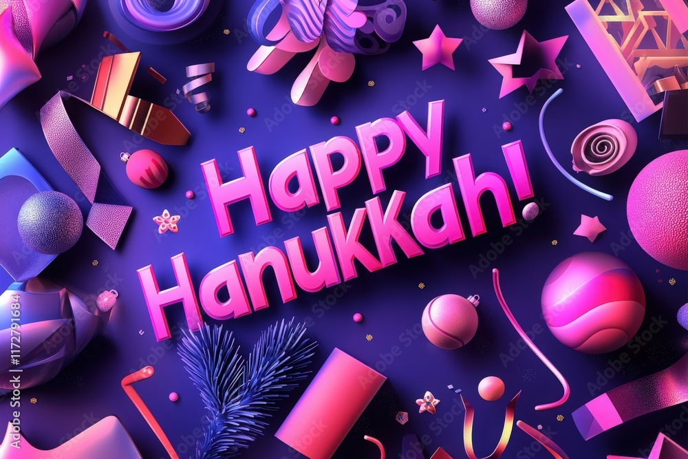 Colorful elements representing Hanukkah surround the cheerful greeting. Festive shapes and outlines create a lively atmosphere, highlighting symbols of this joyous occasion.