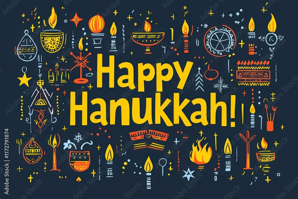 Festive decorations display bright colors and traditional symbols associated with Hanukkah. The uplifting design features menorahs, dreidels, and joyful candles, celebrating this joyous festival.
