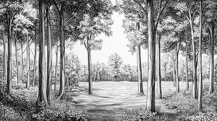  Monochrome Forest Scene Depicting Tall Trees and a Clearing