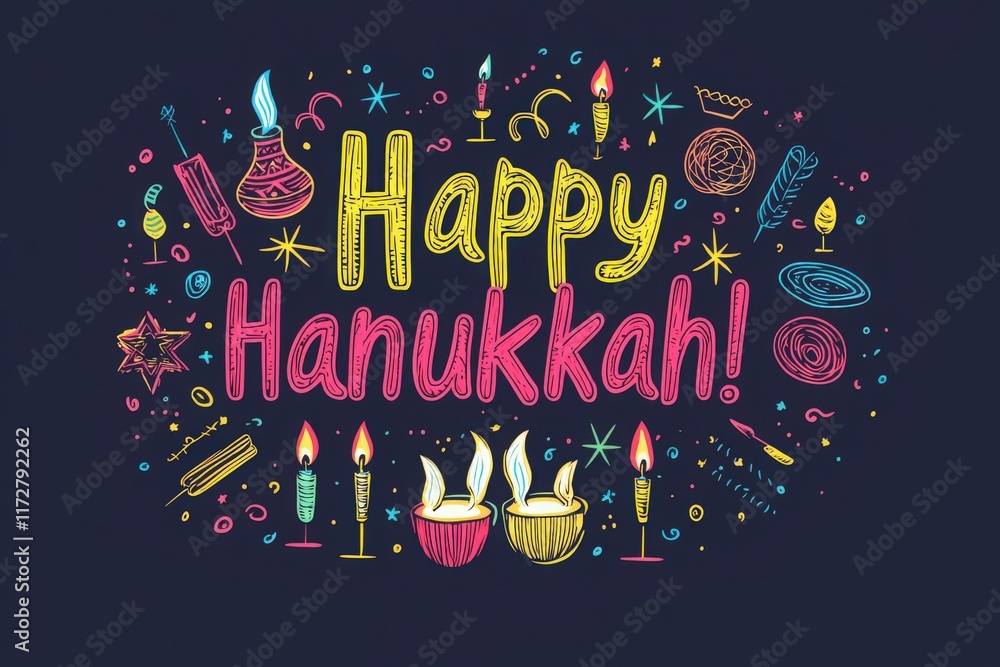 Bright and cheerful greeting celebrating Hanukkah, featuring vibrant colors, candles, and traditional symbols. The design creates a joyful atmosphere perfect for the holiday season.