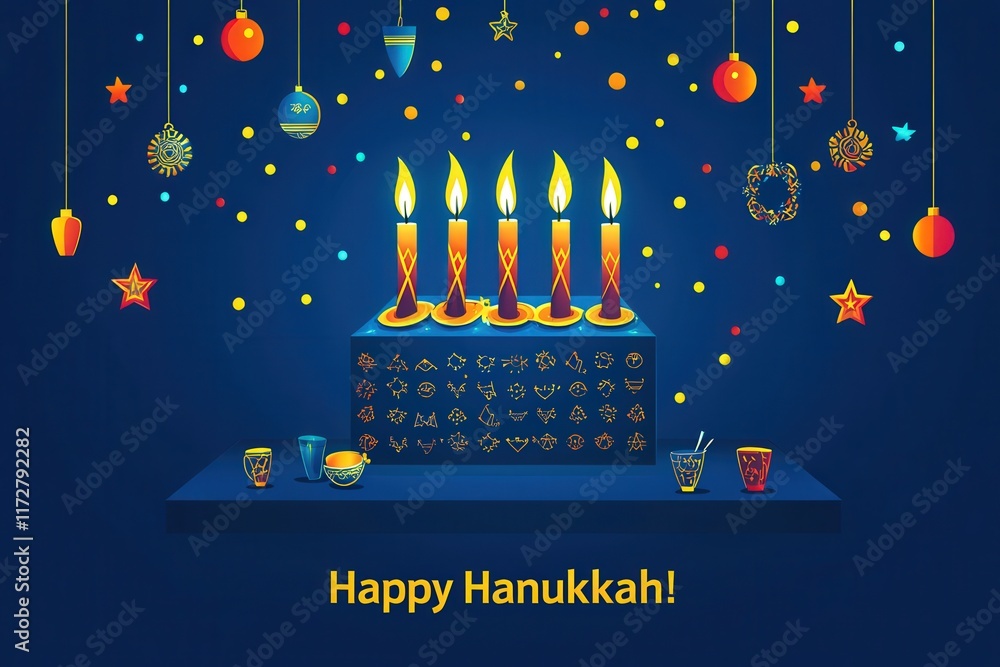 A menorah with five lit candles stands in a festive blue space, surrounded by colorful ornaments and playful stars. The atmosphere reflects the warmth and joy of the Hanukkah celebration.