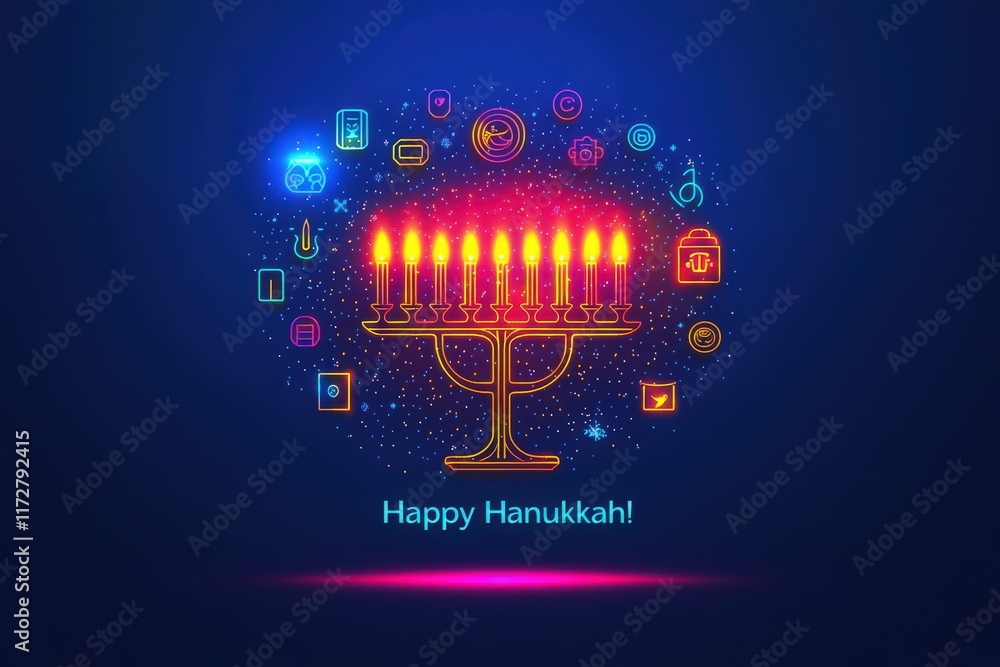 Bright candles illuminate a menorah surrounded by festive symbols associated with Hanukkah. Celebrations, traditions, and a joyful atmosphere can be felt in this vibrant display.