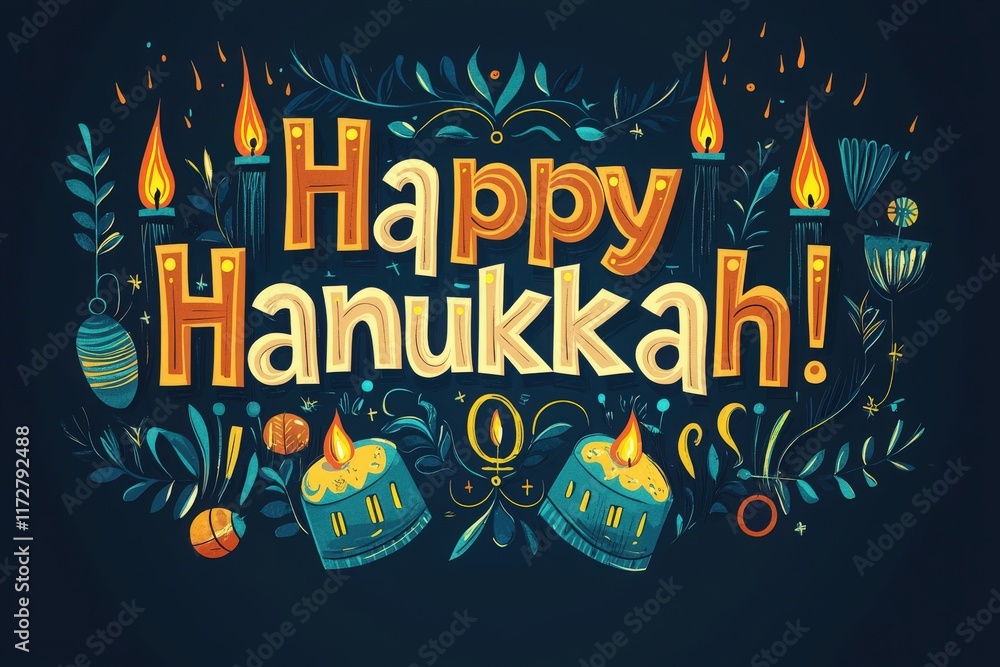 Colorful design featuring the words Happy Hanukkah surrounded by candles and festive decorations, creating a joyful atmosphere for the celebration of this important holiday.