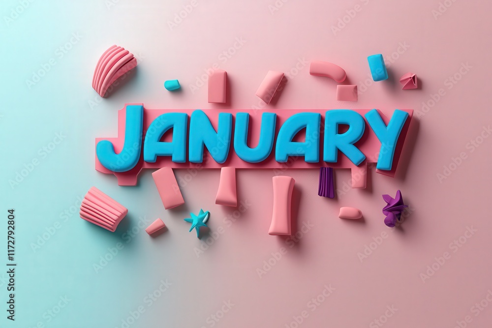 January is creatively displayed with vibrant letters surrounded by various colorful shapes on a soft pastel backdrop. The bright composition captures the essence of the new year.