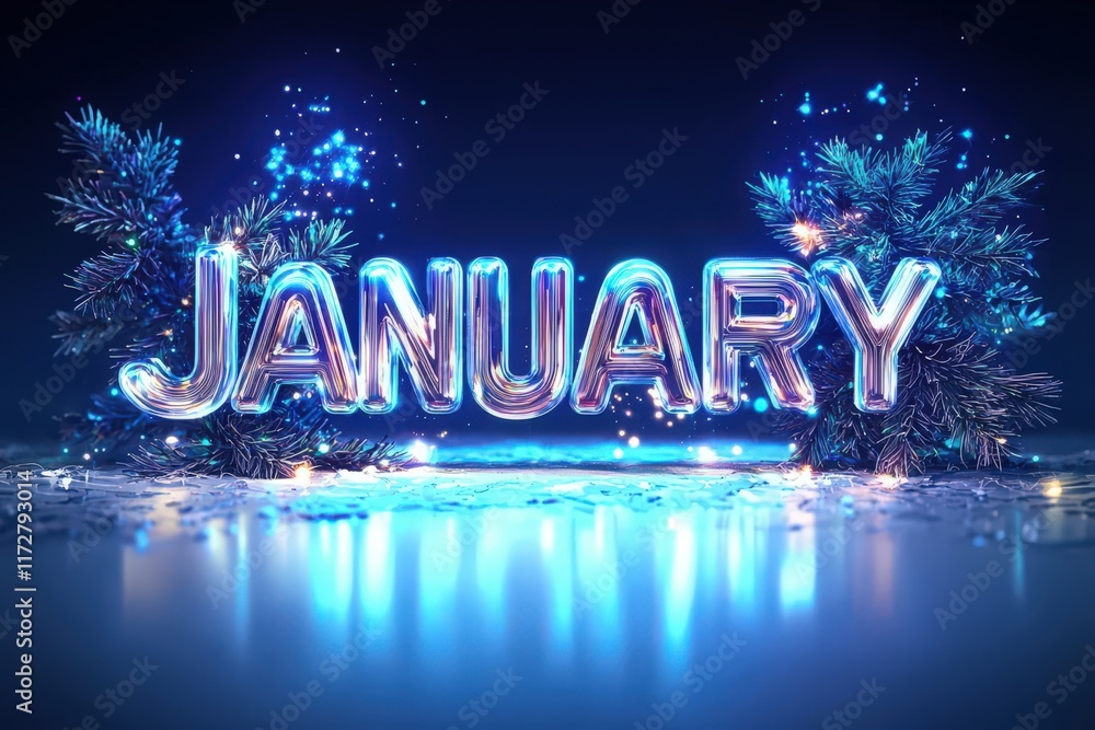A winter-themed decoration features the word January in bold, glowing letters, surrounded by sparkling lights and festive greenery. The setting evokes a cheerful, cold season atmosphere.