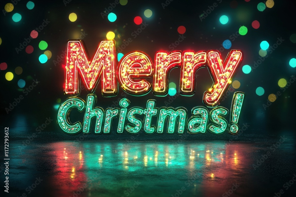 Brightly illuminated letters spell Merry Christmas surrounded by shimmering lights, creating a joyful and festive ambiance perfect for the holiday season.
