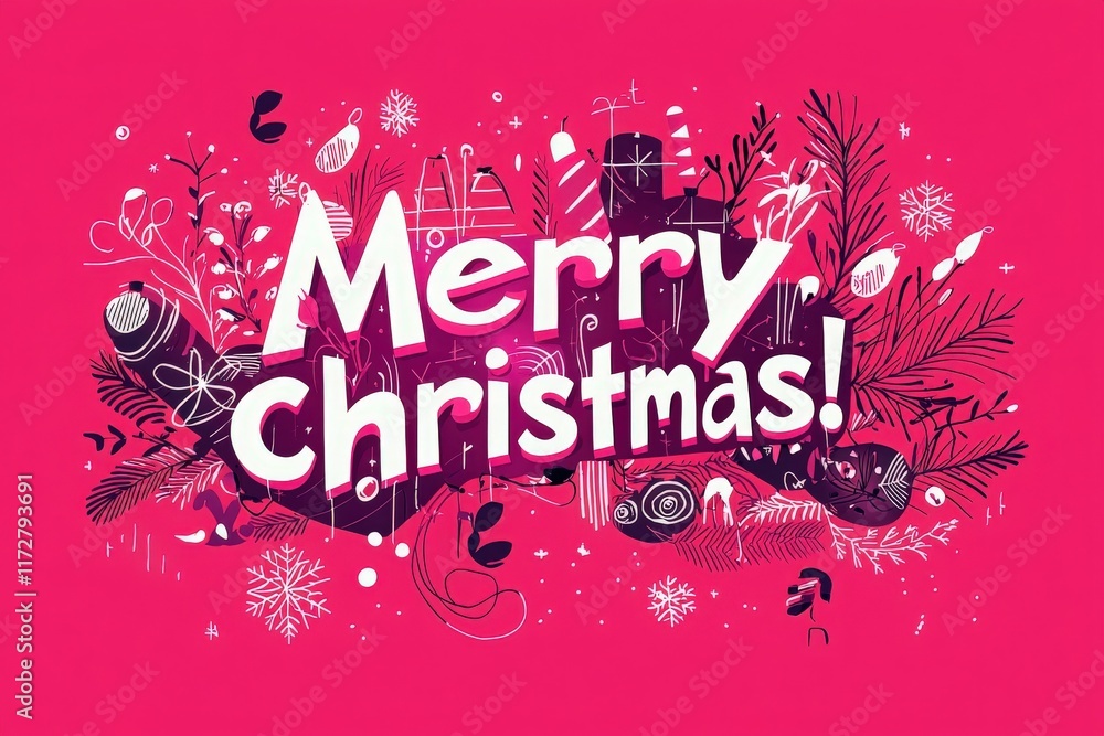 A vibrant and colorful display featuring the phrase Merry Christmas surrounded by decorative elements such as snowflakes, plants, and ornaments, capturing the holiday spirit and cheer.