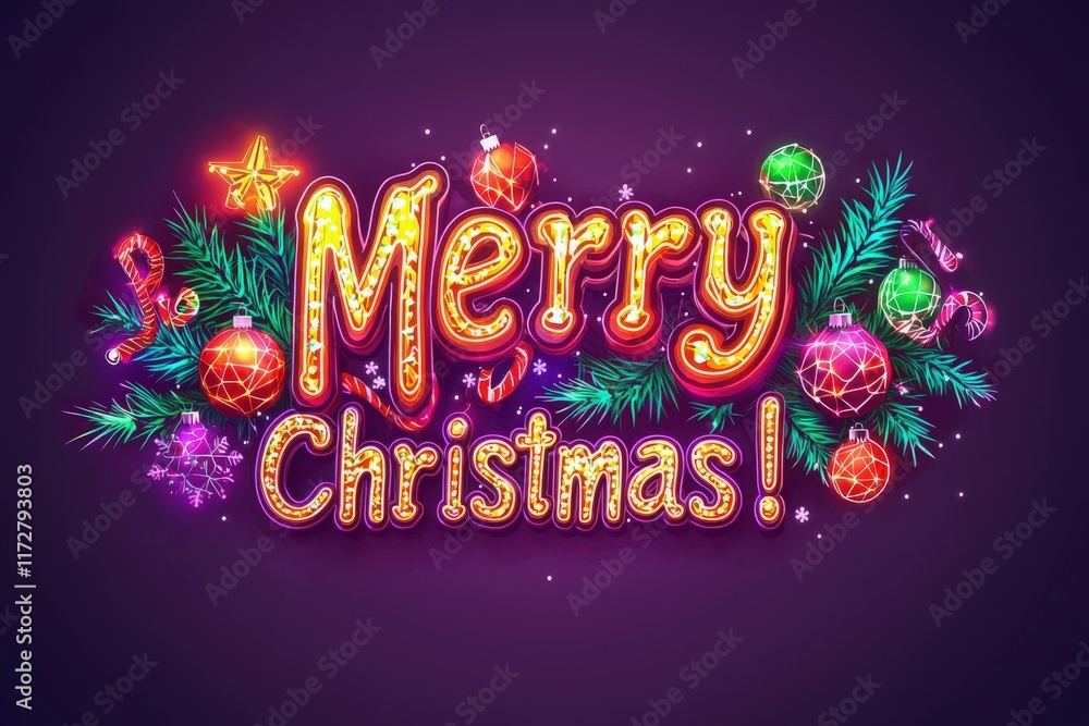 A vibrant Christmas design showcases the phrase Merry Christmas illuminated with colorful lights, surrounded by ornaments and festive decorations, perfect for holiday celebrations.