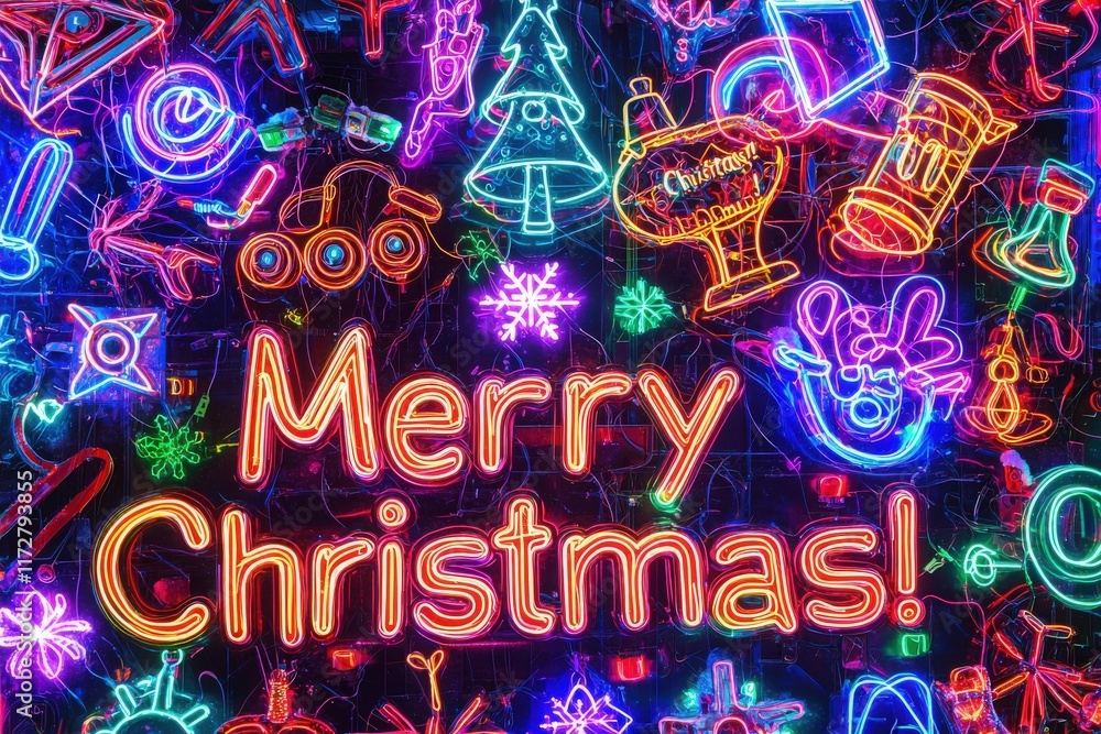 A vibrant array of neon lights showcases Christmas-themed decorations, including snowflakes, trees, and gifts, creating a joyful atmosphere for the holiday season.