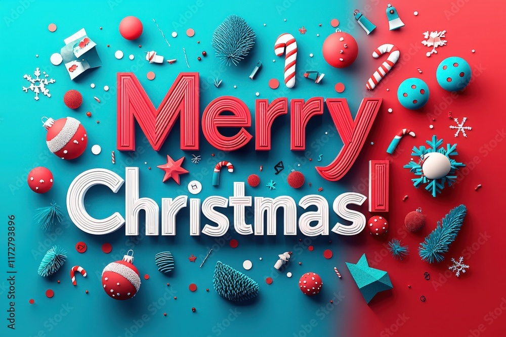 Brightly colored Christmas decorations spread across a teal and red backdrop, featuring various ornaments, candy canes, and festive elements, conveying a joyful holiday spirit.
