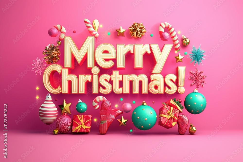 Colorful decorations create a joyful atmosphere celebrating Christmas. Bright ornaments, gifts, and candy canes are arranged against a pink background, enhancing the festive spirit of the season.