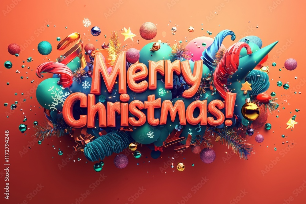 The display features a vibrant collection of holiday ornaments, including baubles, ribbons, and festive symbols, with a prominent greeting that wishes a Merry Christmas in bold letters.