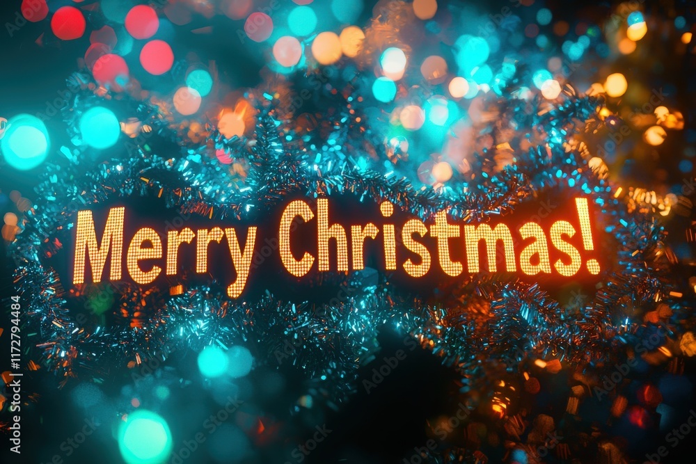 Colorful lights twinkle around a glowing sign that wishes everyone a Merry Christmas. This joyful display captures the spirit of the holiday season and festive cheer.