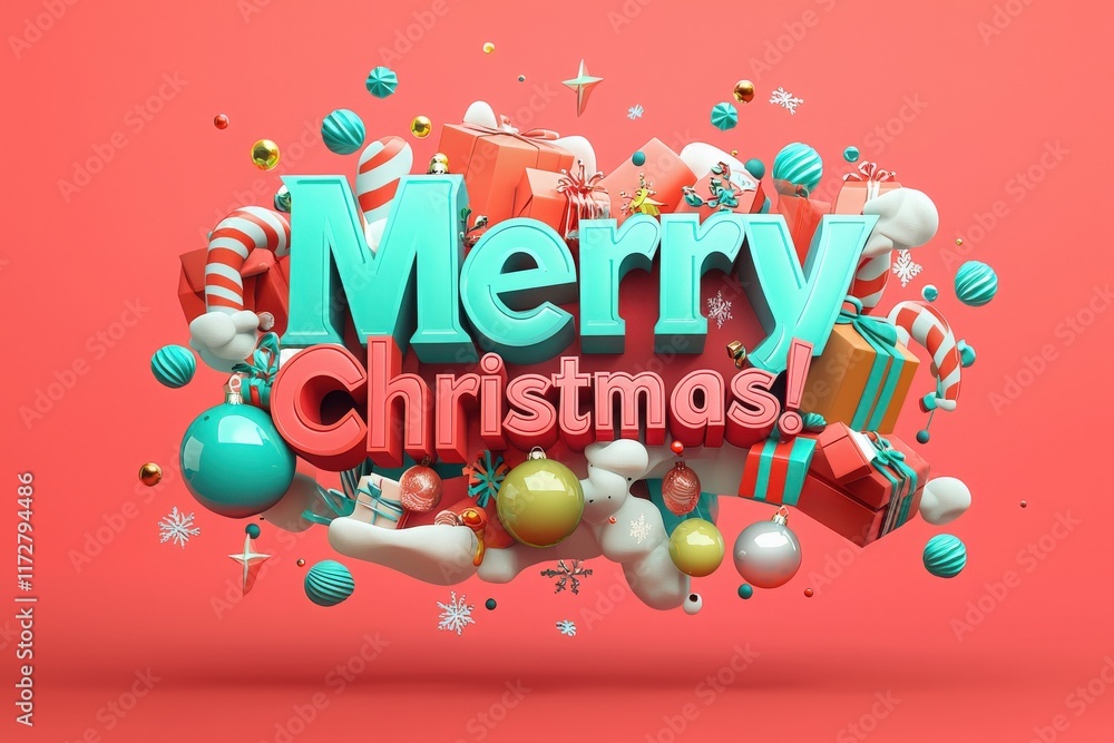 Bold lettering of Merry Christmas stands out against a vibrant background filled with ornaments and presents. The festive arrangement creates a joyful holiday atmosphere.