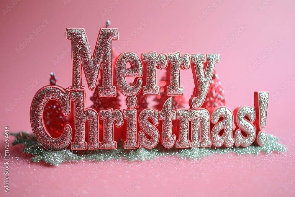Glittering sign displays merry Christmas against a pink backdrop, surrounded by festive decorations. The vibrant colors enhance the holiday spirit, creating a joyful atmosphere.