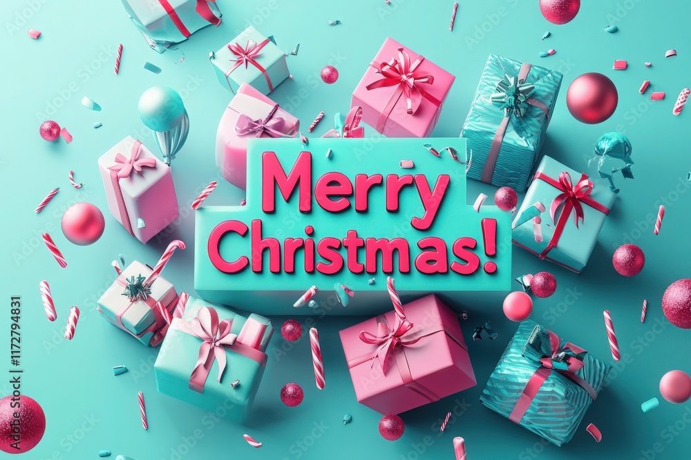 Brightly colored gift boxes with ribbons are scattered on a vibrant turquoise surface. Christmas ornaments and candy canes add to the joyful holiday atmosphere.