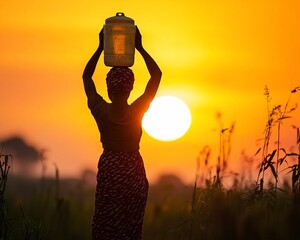 Canvas Print - Woman carrying water at sunset.