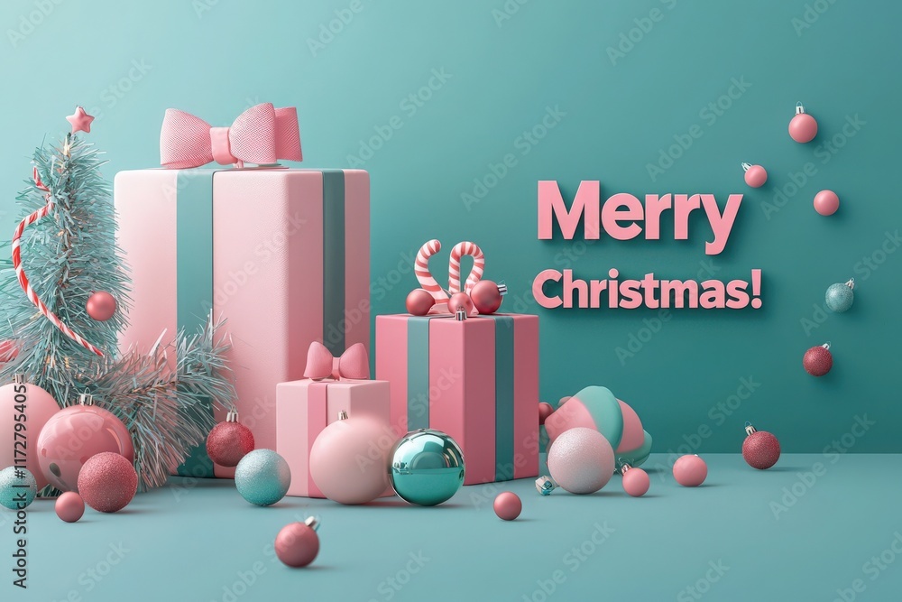 Colorful Christmas gifts are arranged against a teal background. Various ornaments and a small tree add to the festive spirit. The message of Merry Christmas enhances the joyful atmosphere.