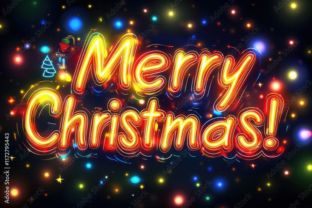 A vibrant and eye-catching display of the words Merry Christmas illuminated with colorful lights. The background is filled with a festive assortment of bright lights, creating a joyful atmosphere.
