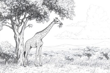 hand drawn image of a giraffe eating leaves in the african savanna, suitable for coloring activities
