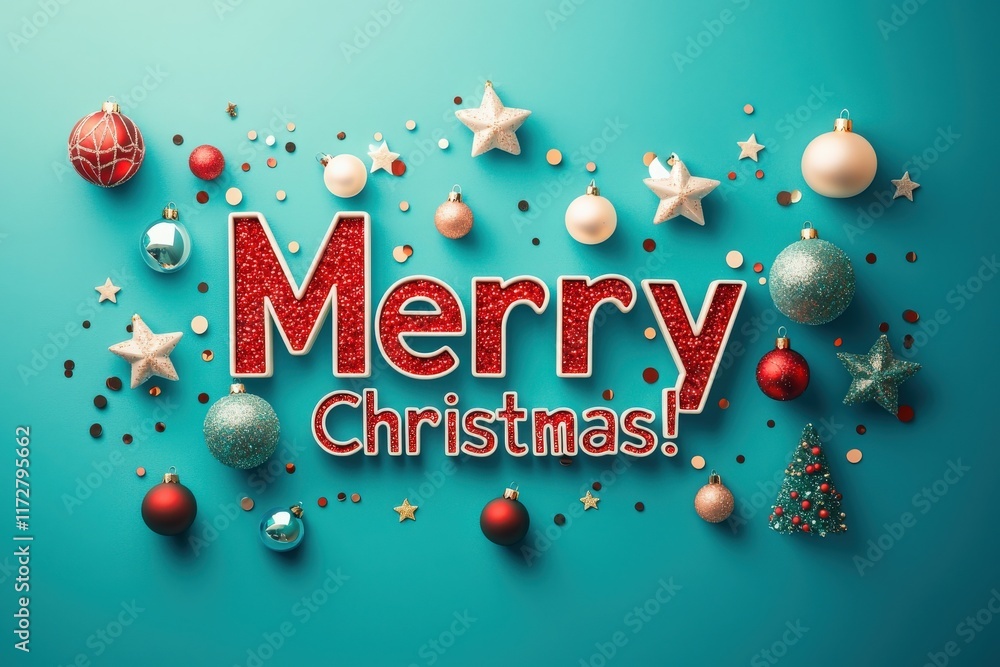 Colorful ornaments and stars surround a joyful Merry Christmas greeting on a bright turquoise surface. The decorations create a playful holiday atmosphere perfect for seasonal celebrations.